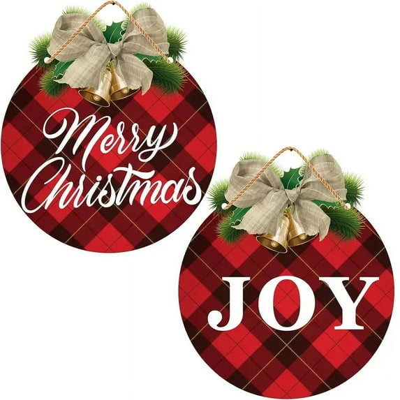 2pcs, Christmas Door Sign Decorations - Buffalo Plaid Merry Christmas Sign And JOY Sign For Rustic Holiday Christmas Door Window Farmhouse Decorations Indoor Outdoor Decor