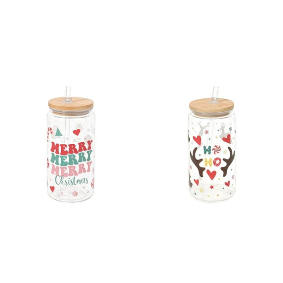 2pcs Christmas Glass Cups 16 oz Xmas Mason Jars with Lids & Straws Cute Colored Xmas Mugs for Water Juice Milk Christmas Gifts - F