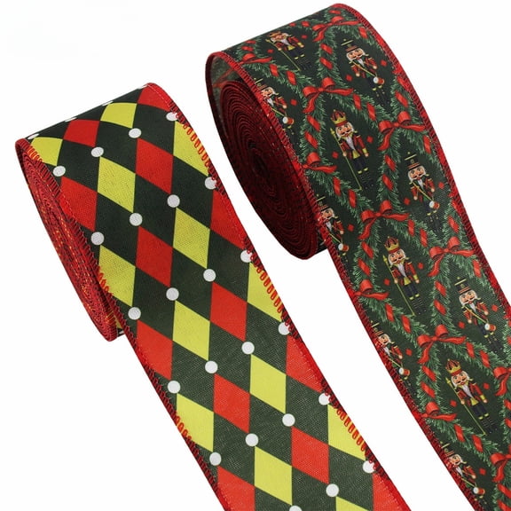 2pcs Christmas Nutcracker & Harlequin Diamond Wired Ribbon, Holiday Decorative Fabric Ribbon for Wreath Gift Wrapping