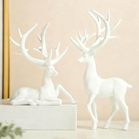 2pcs Christmas Reindeer Resin Ornament Set - Festive Desktop Decor for Homes, Living Room Mantel Accents to Enhance Christmas Ambiance, Cute Holiday Figurines for Gifting, White