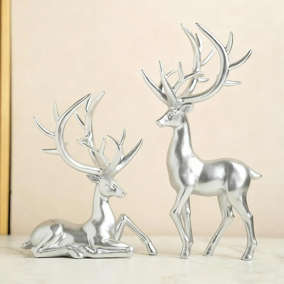 2pcs Christmas Reindeer Resin Ornament Set - Festive Desktop Decor for Homes, Living Room Mantel Accents to Enhance Christmas Ambiance, Cute Holiday Figurines for Gifting, Silver
