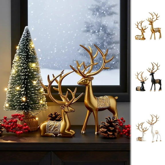 2pcs Christmas Resin Deer Figurines - Hand-Painted Festive Reindeer Sculptures, Scratch-Resistant Base & UV-Protected Finish, Home Decor for Living Room, TV Cabinet, Wine Rack & Mantel, White