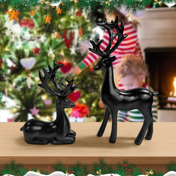 2pcs Christmas Resin Reindeer Ornaments for Christmas Decorations, Delicate Sitting Standing Deer Sculptures for Xmas Gifts Home Office Decor 6.5x3.7 Inch+4.5x3.3 Inch Black