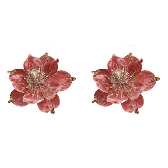 2pcs Christmas Tree Decorations Artificial Magnolia Flowers, Glitter and Velvet Ornaments Picks for Xmas Tree Wreath Garland, Fabric Floral Decor for New Year Wedding Party Holiday Home Decor