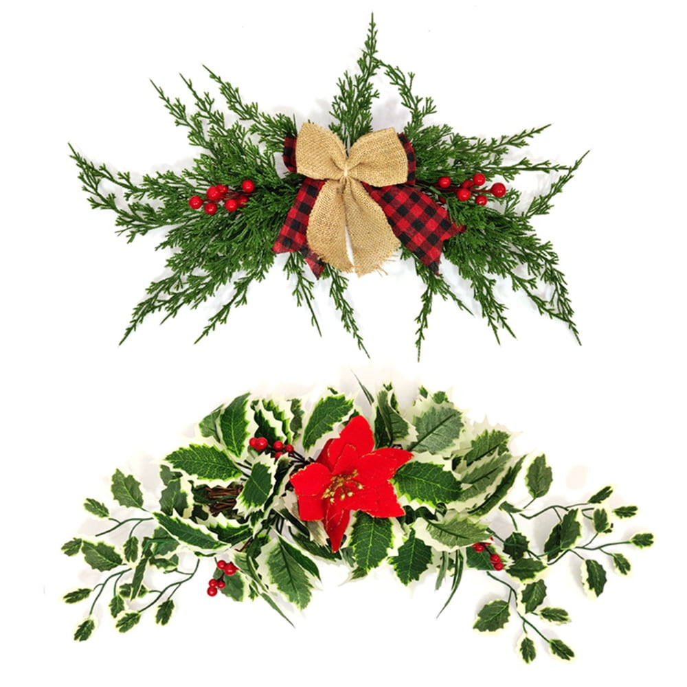2pcs Christmas Wreath Swag Artificial Red Berry Green Leaves Garland