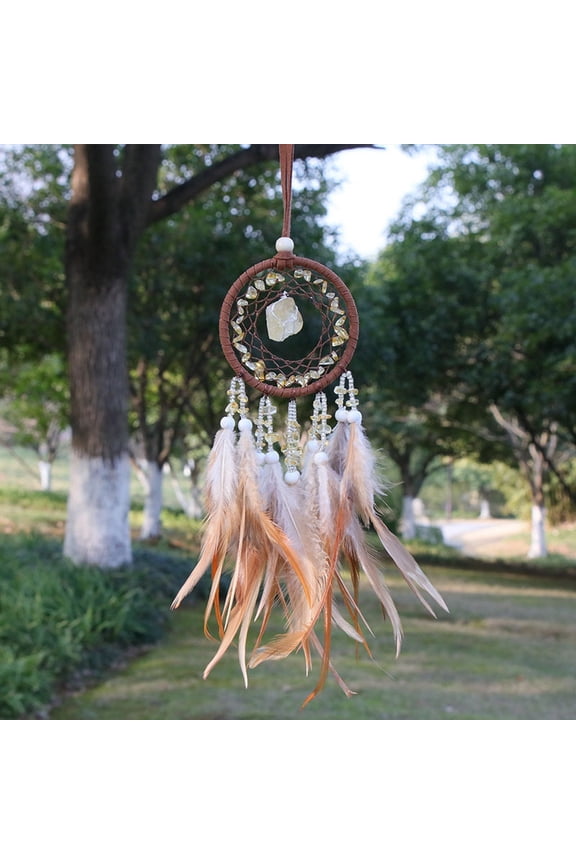 2pcs Citrine Chips Woven Net/Web with Feather Decoration Iron Ring Hanging Ornament 400x70mm