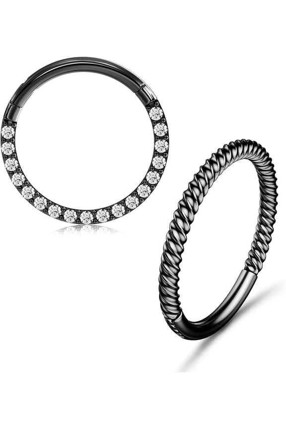 2pcs Clear CZ Black Twisted Nose Rings Hoop 316L Surgical Steel Cartilage Earrings Conch Daith Helix Rook Tragus Lobe Snug Body Piercing Jewelry 18G 16G Hinged Segment Rings Lip Rings