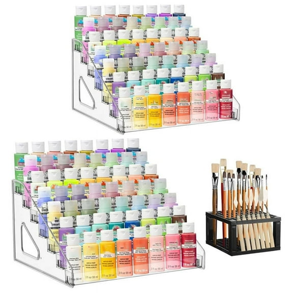2pcs Clear Paint Storage Box with Paint Brush Holder, 7 Craft Paint Storage Rack, Miniature Paint Rack for Paint Storage,1 set * paint storage