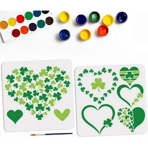 2pcs Clover Love Heart Stencil 11.8×11.8inch with Paint Brush 8 Heart Patterns Shamrock Stencil Reusable Love Templates for St Patrick's Day Valentine's Day DIY Painting Crafts and Decor