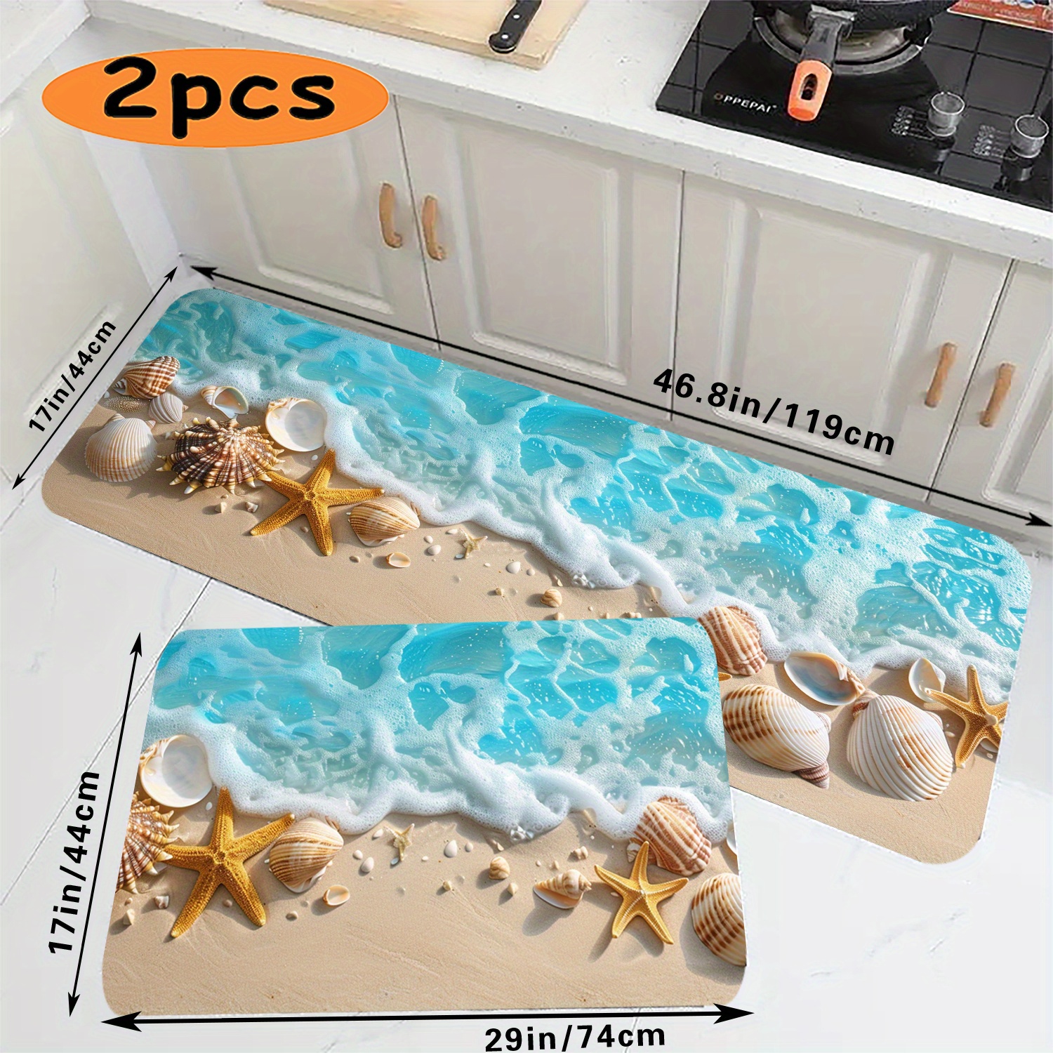 2pcs Coastal Bathroom Mat, Absorbent & Quickdrying Kitchen Floor