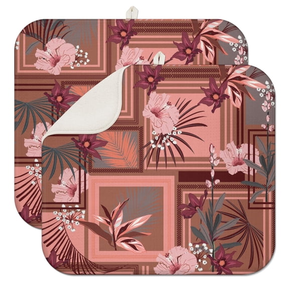 2pcs Coastal Beachy Dish Drying Mat, 3-Layer Absorbent Microfiber for Kitchen, Heat Resistant & Machine Washable, Tropical Sunset Palm Tree Print