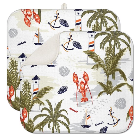 2pcs Coastal Beachy Dish Drying Mat, 3-Layer Absorbent Microfiber for Kitchen, Heat Resistant & Machine Washable, Tropical Sunset Palm Tree Print