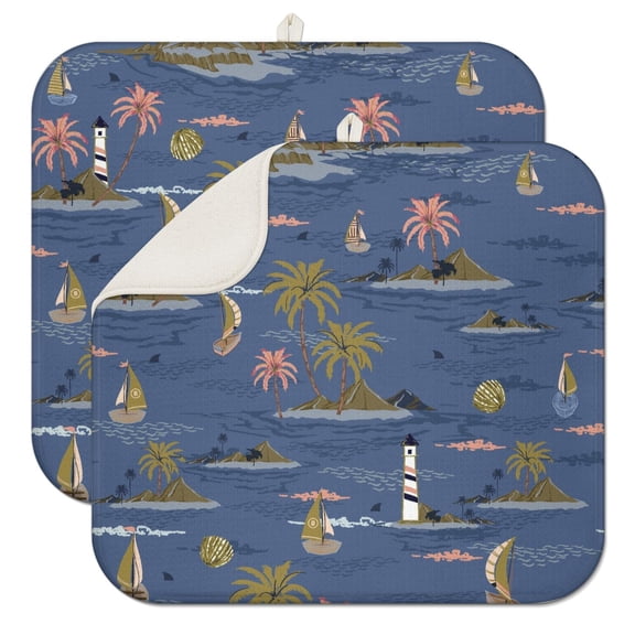 2pcs Coastal Beachy Dish Drying Mat, 3-Layer Absorbent Microfiber for Kitchen, Heat Resistant & Machine Washable, Tropical Sunset Palm Tree Print