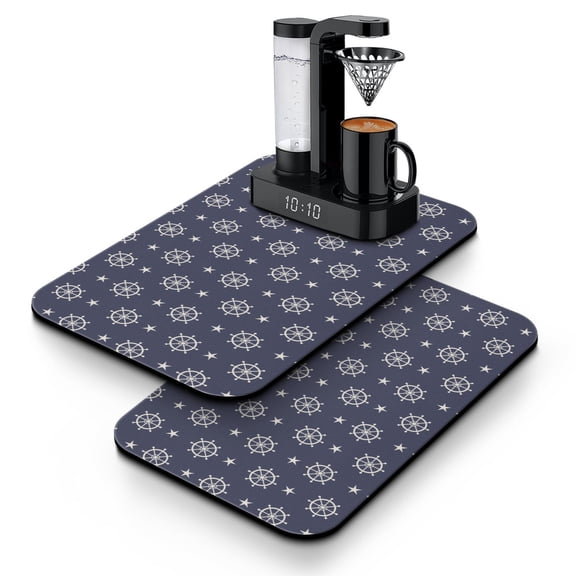 2pcs Coastal Coffee Maker Mat, Mast & Sail Print Absorbent Station Mat Set, Non-Slip Counter Protector for Espresso Machine, Beach Themed Kitchen Mat
