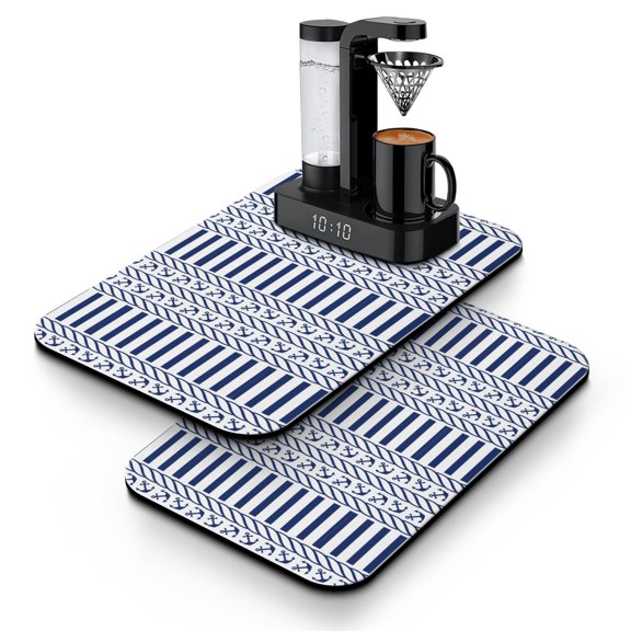 2pcs Coastal Coffee Maker Mat, Mast & Sail Print Absorbent Station Mat Set, Non-Slip Counter Protector for Espresso Machine, Beach Themed Kitchen Mat