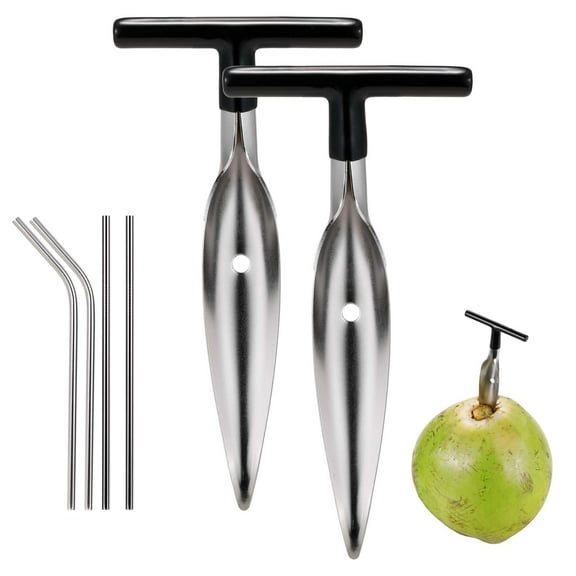 2pcs Coconut Opener Tool Set Coconut Hole Tool Coco Nut Bottle Opener with 4 Straws Stainless Steel Coconut Knife Tool for Young Green Fresh Coconut Water, Safe and Easy To Open Thai Hawaii Coconuts