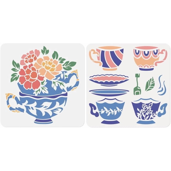2pcs Coffee & Tea Cups Flowers Wall Stencils for Painting 11.8"x11.8" Cup Plate Reusable Stencils for Kitchen Paint Templates DIY Craft Art Stencils on Wood Fabric Canvas Furniture Journal