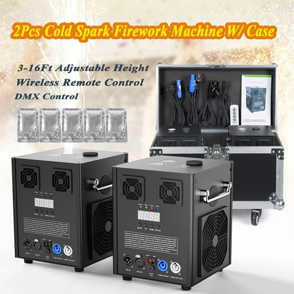 2pcs Cold Spark Firework Machine with Flight Case & 5bag Ti Powder, Smart DMX Control DJ Equipment Machine for Wedding Christmas Party Musical Show