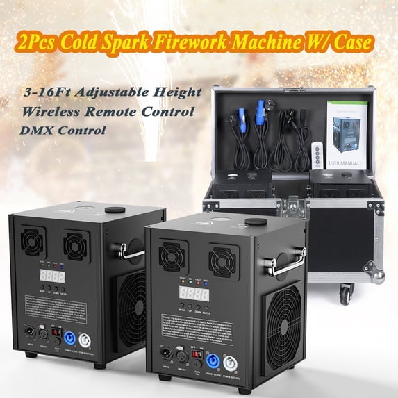 2pcs Cold Spark Firework Machine with Flight Case, Smart DMX Control DJ Equipment Machine for Wedding Christmas Party Musical Show