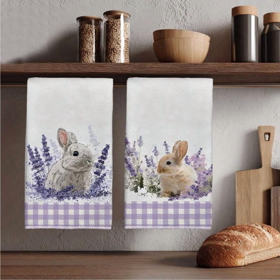 2pcs Color 15 Lavender Gingham Rabbit Print Kitchen Towels, Flat 2D Floral Dish Cloths For Home Decor