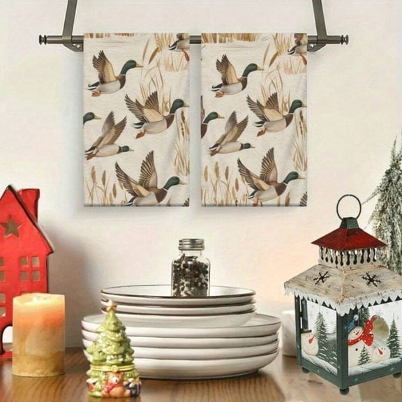 2pcs Color 15 Vintage Duck Kitchen Towels With Flying Mallards & Reeds Pattern - Reusable Tea Towels For Farmhouse Decor