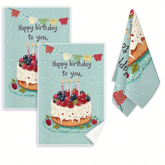 2pcs Color 4 Kitchen Towels With Happy Birthday Cake & Bunting Pattern, Light Teal Background Farmhouse Style Dish Towels