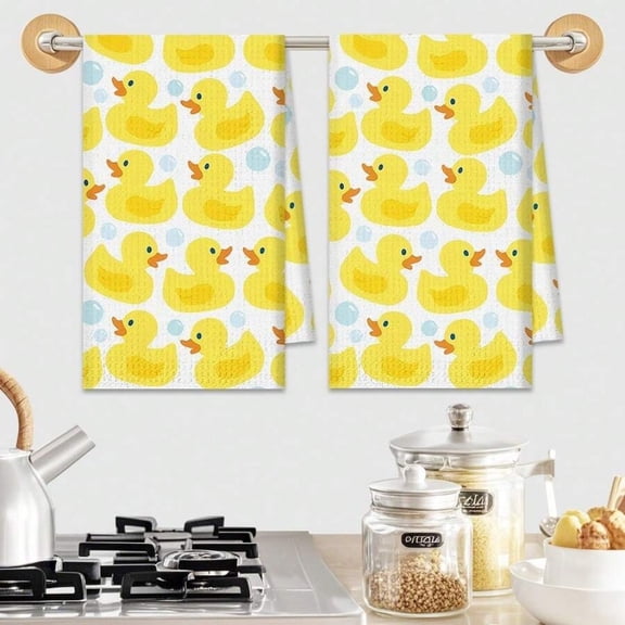 2pcs Color 5 Yellow Duck Bathing Bubble Kitchen Towels - Reusable Dish Towels For Farmhouse Decor
