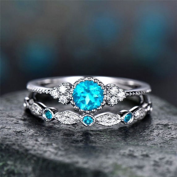 Womens Fashion Rings Set 2pcs Alloy Geometric Rings with Rhinestone Inlaid Artificial Gemstone European Design for Women Party Ring Jewelry
