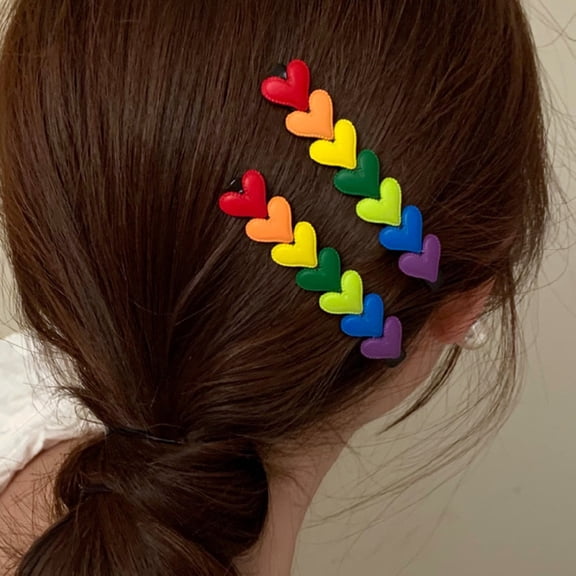 2pcs Colorful Rainbow Heart Hair Clips Women Girls Sweet Cute Barrette Party Club Hair Pins