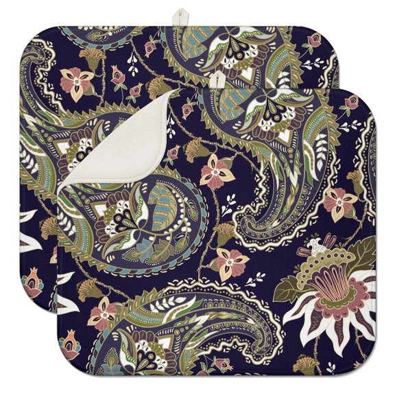 2pcs Colorful Vintage Drying Mat Set, 3-Layer Thick Microfiber Dish Rack Pad, Boho Floral Pattern, Multipurpose & Machine Washable for Sink
