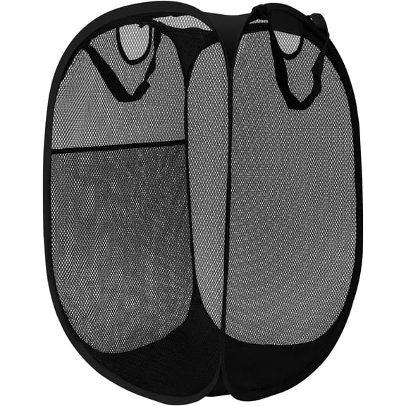 2pcs Compartment Pop Up Laundry Hamper, Collapsible Mesh Laundry Basket with 2 Handles, Foldable Dirty Clothes Sorter for Bathroom, Bedroom, Dorm Room, Laundry Room, Black