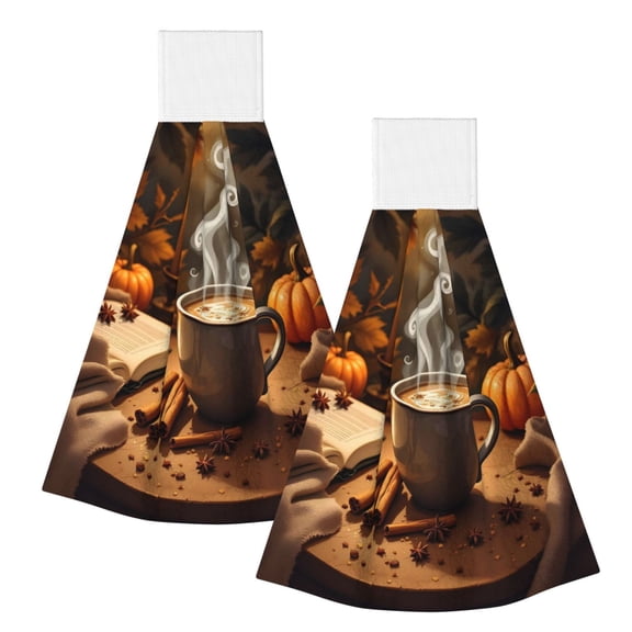 2pcs Coral Fleece Hanging Hand Towel Quick Dry Absorbent Soft Dish Towel With Hook Loop Top For Kitchen Bathroom Car Bbq Outdoor Cartoon Autumn Cozy Scene