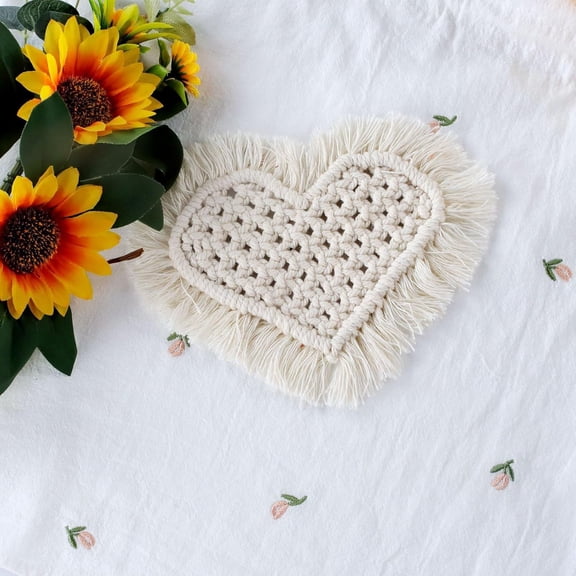2pcs Cotton Macrame Cup Mats Handmade Tassel Coaster Heart Floral White 150x200mm
