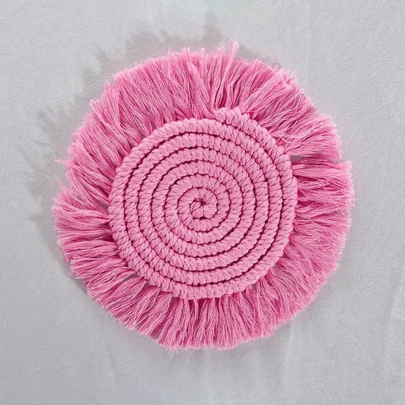 2pcs Cotton Macrame Cup Mats Handmade Tassel Coaster Round Hot Pink 180mm