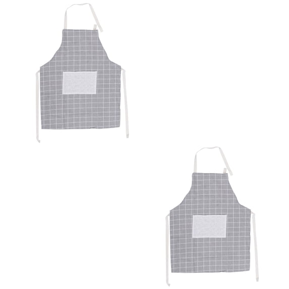 2pcs Cotton and Linen Apron Oilproof Dirt Proof Cleaning Apron Hanging Neck Apron Kitchen Cooking - Grey Grid (Beige+Grey)