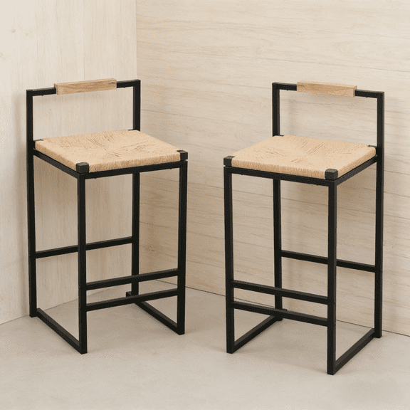 2pcs Counter Height Bar Stools with Back Handwoven Paper Rope Seats Boho Style Kitchen Island Stools Black Metal Frame Stools for Breakfast Nook Apartment Dining Pub Table Adjustable Foot Pads