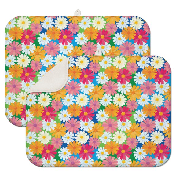 2pcs Country Daisy Farm Theme Kitchen Mat, Super Absorbent Microfiber Dish Drying Pad, Heat Resistant Countertop Mat, Rustic Floral Design