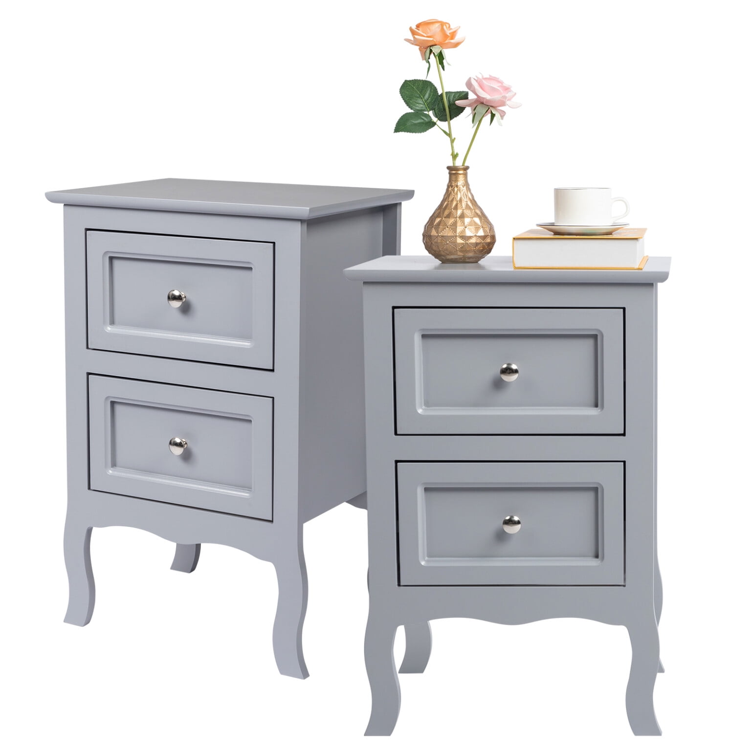 2pcs Country Style Nightstand with 2 Storage Drawers & Wood Legs ...
