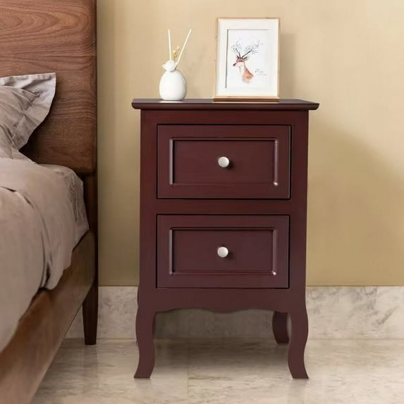2pcs Country Style Side Table, Nightstand with 2 Drawers, Bedside Tables with Wood Frame, Mid-Century Modern Nightstand with Storage, Bed Side Table & Night Stand End Table, Set of 2, Brown