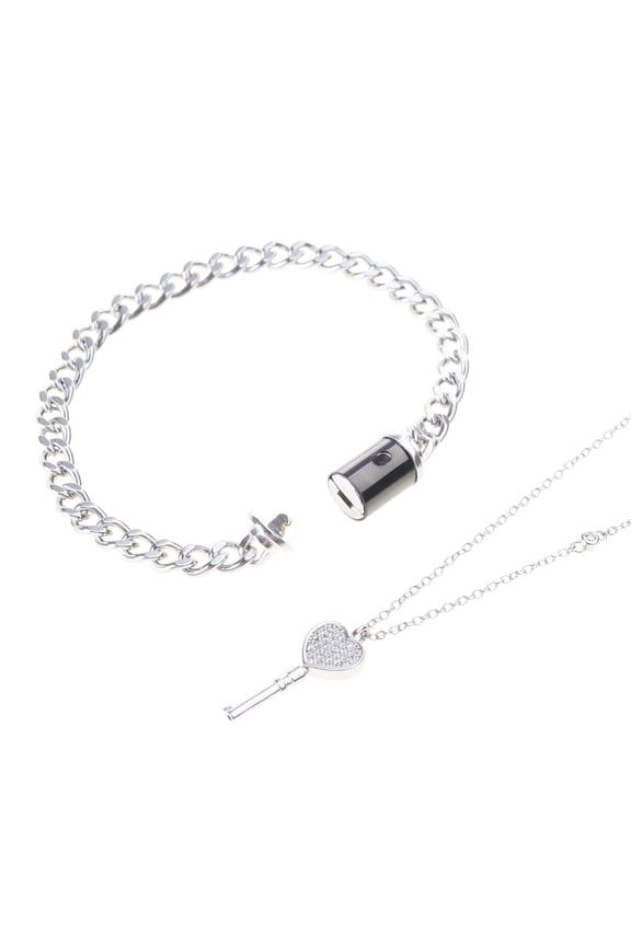 2pcs Couple Lock Charm Bracelet Metal Chain Bangle Heart Key Pendant Necklace