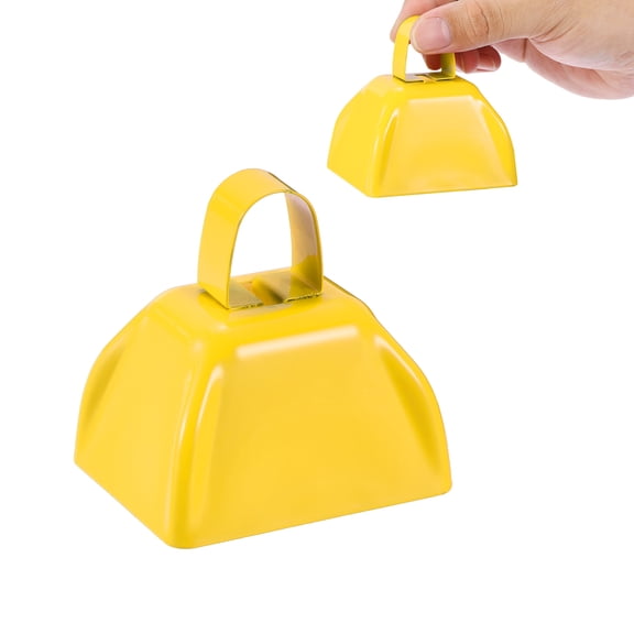 2pcs Cow Bells for Football Games, 3inch Cowbells for Sporting Events Bulk Loud Noise Makers Metal Cow Bell with Handle for Cheering Competition Marathon Wedding, Yellow