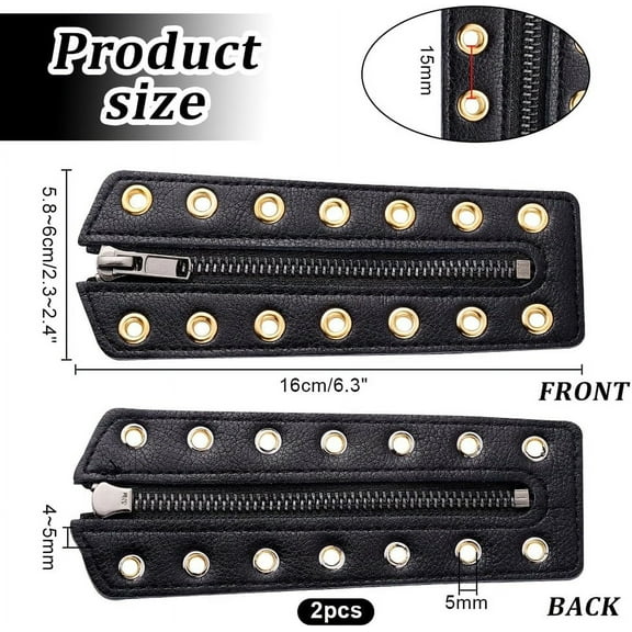 2pcs Cowhide Leather Lace-in Boot Zipper Inserts Tieless Shoe Laces with Alloy Loops Black 16x5.8~6x0.4~0.5cm