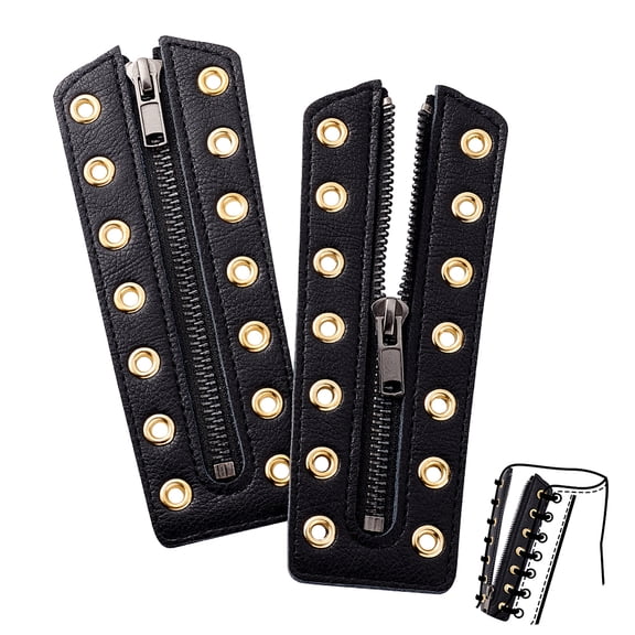 2pcs Cowhide Leather Lace-in Zipper Inserts Tieless Shoe Laces with Alloy Loops Black 16x5.8~6x0.4~0.5cm