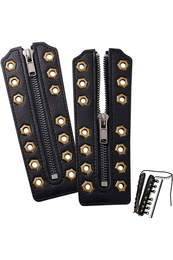 2pcs Cowhide Leather Zipper Inserts 6.3 x 2.2 Inch Black Eyelets With 7 Non Isometric Holes No Tie Shoe Laces for DIY Making