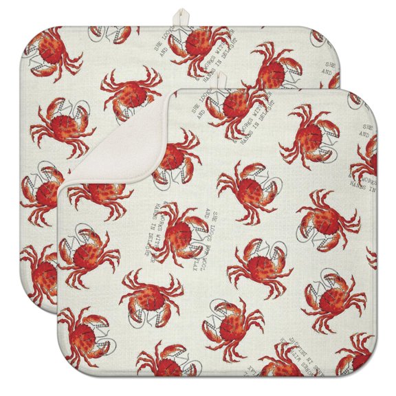 2pcs Crab Kitchen Drying Mat Super Absorbent Microfiber Dish Drying Pad with Nautical Sea Life Design for Countertop