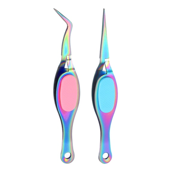 2pcs Craft Tweezers Precision Crossing Lock Curved Straight Stainless Steel Soft Reverse Grip Fine Tip Tweezers for DIY Craft Jewelry Beading Electronics, Rainbow Pink Blue