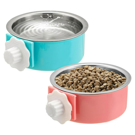 2pcs Crate Dog Bowl, Removable Stainless Steel Pet Kennel Hanging Food Water Feeder Bowl Cage Coop Cup for Puppy Medium Dog Cat Rabbit Ferret Bird (Blue,Red)