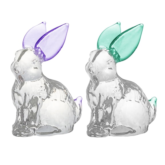 2pcs Crystal Bunny Animal Figurine,Collectibles Clear Crystal Art Rabbit Decor Statue,Glass Cute Rabbit Easter Decoration，Purple & Green