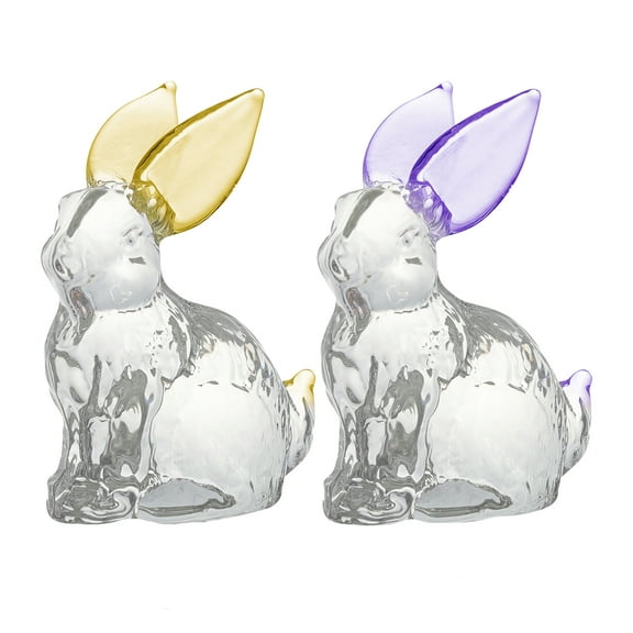2pcs Crystal Bunny Animal Figurine,Collectibles Clear Crystal Art Rabbit Decor Statue,Glass Cute Rabbit Easter Decoration，Yellow & Purple