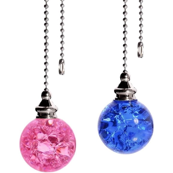 2pcs Crystal Ceiling Fan Pull Chain Ornament, 12" Ball Chain Pink & Blue Fan Light Pulls Decorative Extension with Connector, Sliver Chain